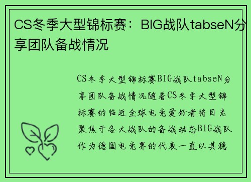 CS冬季大型锦标赛：BIG战队tabseN分享团队备战情况