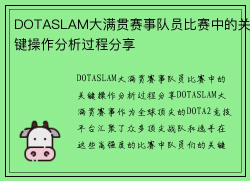 DOTASLAM大满贯赛事队员比赛中的关键操作分析过程分享